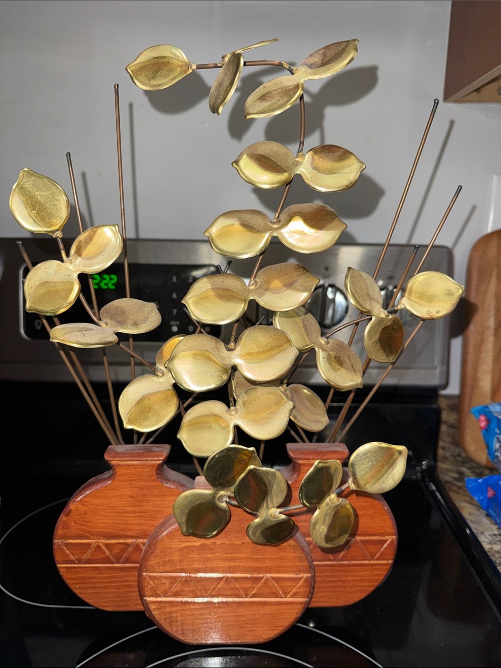 Vintage Brass Eucalyptus Leaves Sculpture Hopi Wood Planter